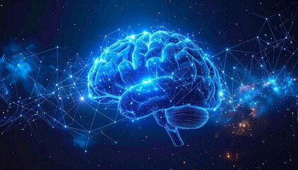 A glowing digital brain illuminated in blue floats in a dark network of nodes and lines—evoking neural connectivity, artificial cognition, and the rhythm of advanced technological thought.