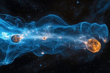 Naklejka premium A slow panoramic shot reveals floating asteroids illuminated by electric blue nebula gas, drifting through the silent vacuum of space amid glowing particle trails 