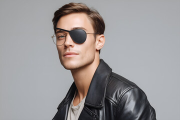 Intriguing man with an eyepatch and leather jacket captivates with his mysterious gaze and confident charm