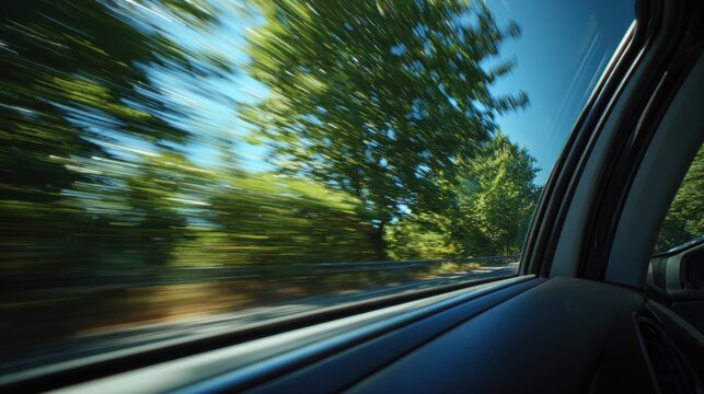 Blurred green trees and blue sky seen from a moving car window, conveying speed and travel on a sunny day.