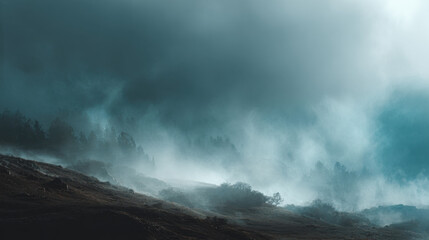 Misty mountain landscape fog moody sky dark clouds forest hillside dramatic light tranquil nature scenic view with rolling terrain under low cloud and soft haze evoking calm and quiet wonder