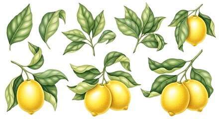 Fresh Lemons with Green Leaves Botanical Illustration.