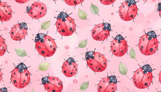 Watercolor ladybug and leaf pattern on pink background