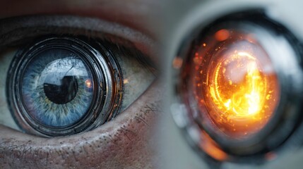 Close Up Human Eye with Digital Tech Elements and Glowing Light in Pupil