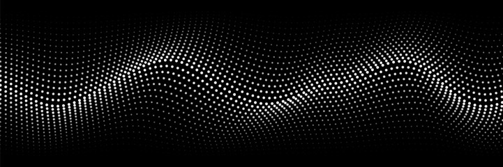 Flowing dots particles wave pattern halftone gradient curve shape isolated on white background. Vector in concept of technology, science, music