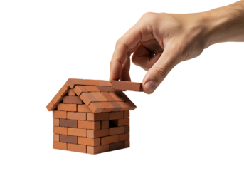 Hand placing brick on miniature brick house against white backdrop, symbolizing construction, home building, and real estate investment with a hopeful mood.