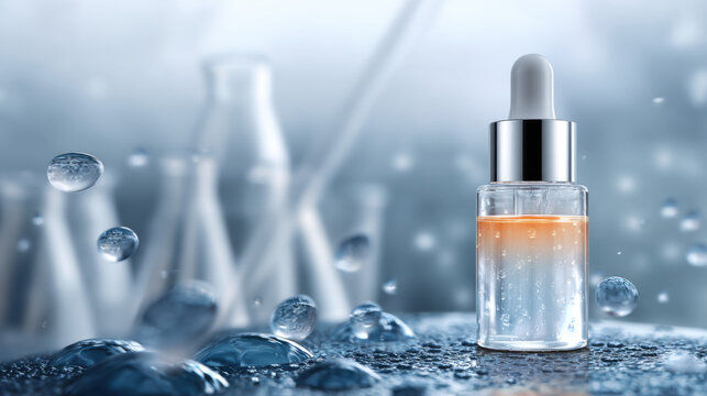 Serum bottle dropper glass liquid skincare cosmetic transparent gradient moisture minimalist serum bottle with dropper wet surface, glass texture and water splash soft focus, cool tone