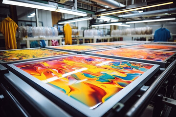 Silk screen print process in apparel factory with carousel and tools
