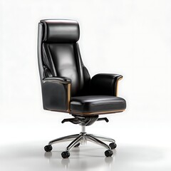 Executive Leather Office Chair: The image presents a sophisticated, high-back executive office chair, featuring rich black leather, a sturdy chrome base, and elegant wooden accents.