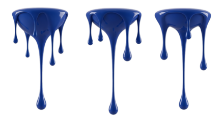 Viscous blue liquid dripping, creating abstract organic shapes on a white background
