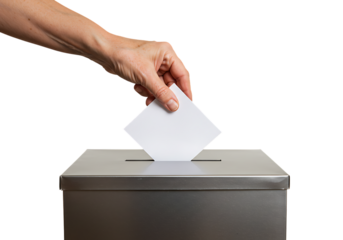 Hand depositing ballot into metal ballot box during election process, symbolizing civic duty and democratic participation in a transparent system.
