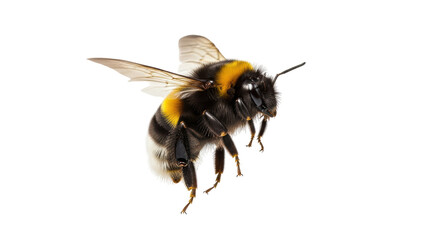 Isolated European honeybee in flight, closeup profile with wings in motion for pollination work