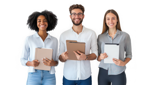 Diverse team of young professionals holding documents standing together smiling