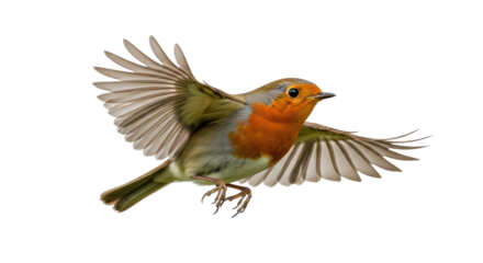Isolated European robin flying, open wings, colorful bird with red breast in mid-air