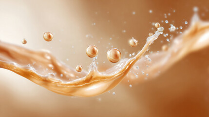 Silky serum splash glowing pearls golden liquid vitamin e dewy droplets energy swirl skincare fluid hydrating essence cosmetic texture radiant glow flow with uplifting energy and refreshing mood