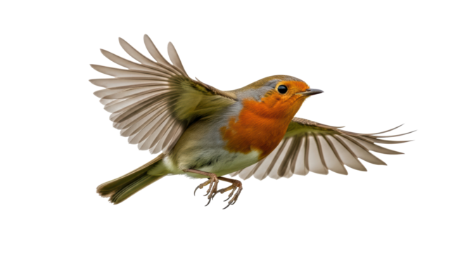 Isolated European robin flying, open wings, colorful bird with red breast in mid-air