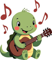 Obraz premium Cute turtle playing guitar with music notes, funny animal cartoon character