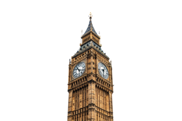 Big Ben clock tower showing detailed Victorian Gothic design and clock faces, isolated on a transparent background