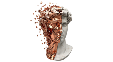 Isolated bust statue combining fractured copper and classic marble, creative design concept