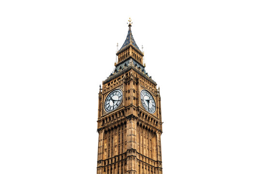 Big Ben clock tower showing detailed Victorian Gothic design and clock faces, isolated on a transparent background