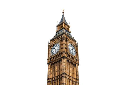 Big Ben clock tower showing detailed Victorian Gothic design and clock faces, isolated on a transparent background