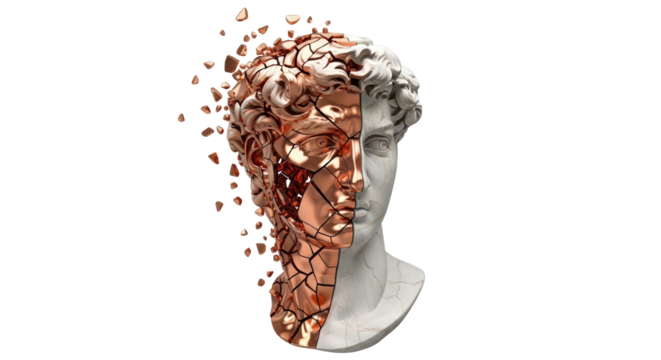 Isolated bust statue combining fractured copper and classic marble, creative design concept