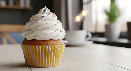 Delicious vanilla cupcake with white frosting on a wooden table.
