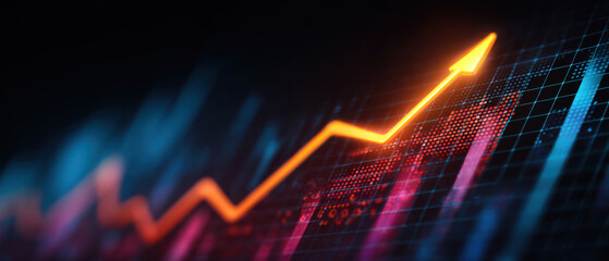 Upward trend arrow growth chart finance market data analytics grid Enthusiastic upward trend arrow over glowing grid, symbolizing growth, profit, and momentum modern finance analytics with dynamic