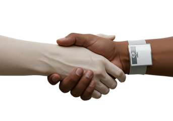 Diverse hands shaking in agreement against white backdrop, symbolizing partnership and collaboration in a professional, trustworthy, and optimistic atmosphere.