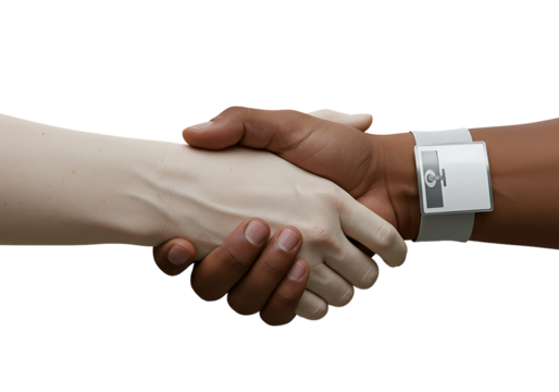 Diverse hands shaking in agreement against white backdrop, symbolizing partnership and collaboration in a professional, trustworthy, and optimistic atmosphere.