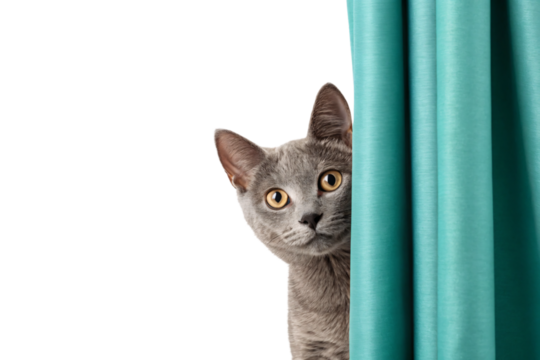 Gray cat hiding behind teal curtain with golden eyes and alert facial expression visible, isolated on a transparent background