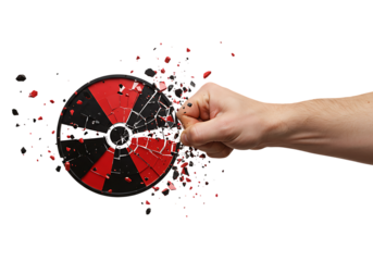 Hand punches through a red and black target, shattering it into pieces against a white backdrop, symbolizing failure and frustration.