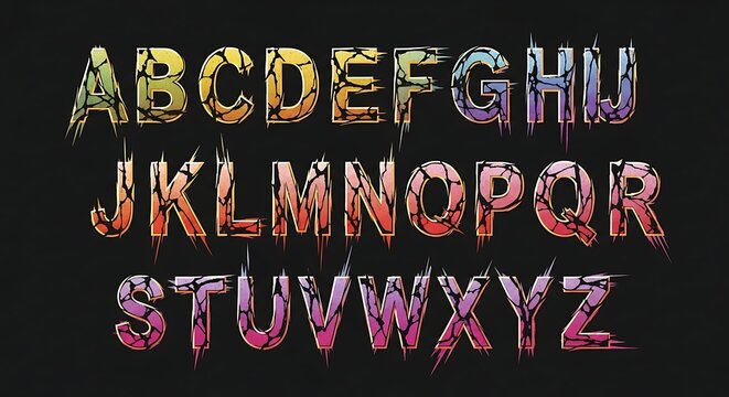 Colorful Alphabet Letters with Abstract Drip Design on Black Background.