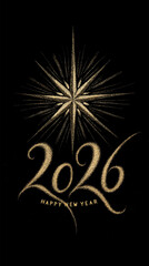 New Year Happy 2026 Text Gold Handwritten Celebration Banner Poster Event Vertical Background