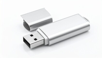 A sleek silver USB flash drive with its cap removed rests on a smooth surface—its metallic body and exposed connector evoke digital clarity, portable memory, and the rhythm of modern utility.