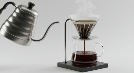Pour Over Coffee Brewing with Kettle and Glass Dripper.