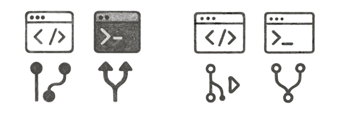 Modern software development and coding interface icons including source code editor, terminal window, and branching version control symbols