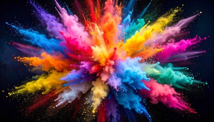 A vibrant burst of colored powder—pink, blue, yellow, green, purple, orange—explodes against black, suspended mid-air, evoking celebration, creative energy, and the rhythm of expressive motion.