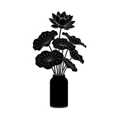 Black silhouette of a lotus flower with leaves in a vase isolated on white background silhouette