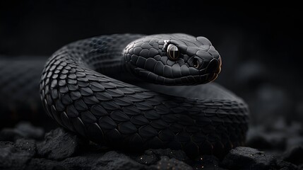 Coiled Black Snake on Dark Background