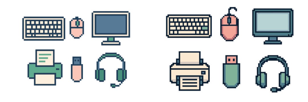 Collection of pixel art computer peripherals including keyboard mouse monitor printer USB drive headphones retro style