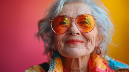 Joyful senior woman with vibrant sunglasses.