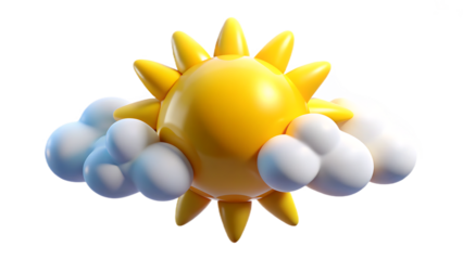 Cheerful 3d cartoon sun with fluffy clouds against a black background