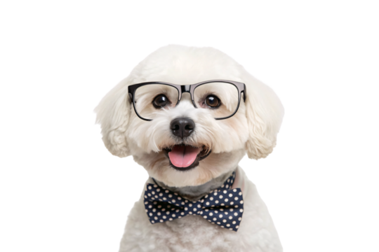 White fluffy dog wearing black glasses and polka dot bow tie looking intelligent and cheerful, isolated on a transparent background