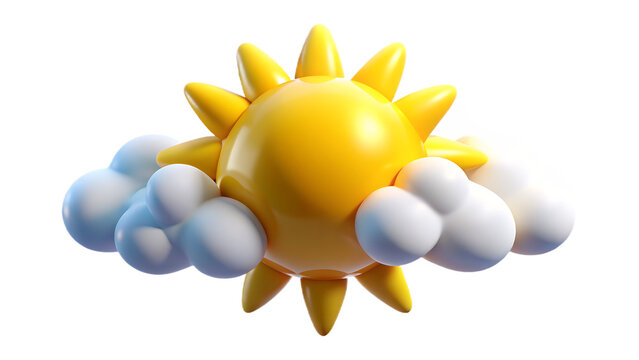Cheerful 3d cartoon sun with fluffy clouds against a black background