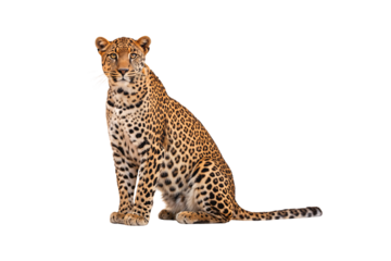 Majestic leopard sitting frontally with striking spotted fur pattern and intense golden eyes staring directly, isolated on a transparent background