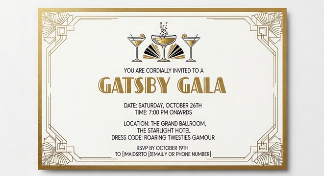 Elegant Gatsby Gala Invitation with Art Deco Gold Frame.