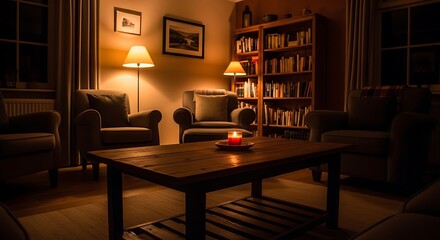 Cozy Living Room at Night with Warm Lighting.