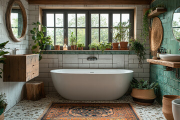 A modern bathroom with a sleek white tub and a minimalist sink.