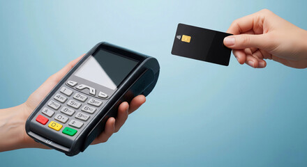 Hands holding a POS terminal and a black credit card for contactless payment, symbolizing modern financial transactions and secure shopping.